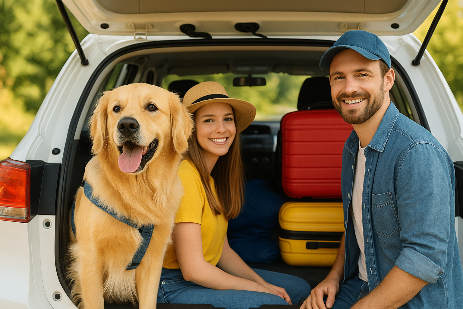 Mascota feliz viajando con su familia en vacaciones